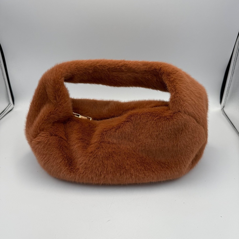 Aerie Faux Fur Mini Hobo Bag Cinnamon Brown Plush Zipper Small Handbag